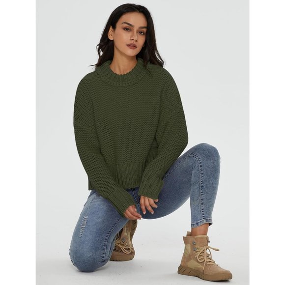 Women's Crewneck Chunky Knit Batwing Long Sleeve Loose Pullover Sweaters Tops - Picture 6 of 6